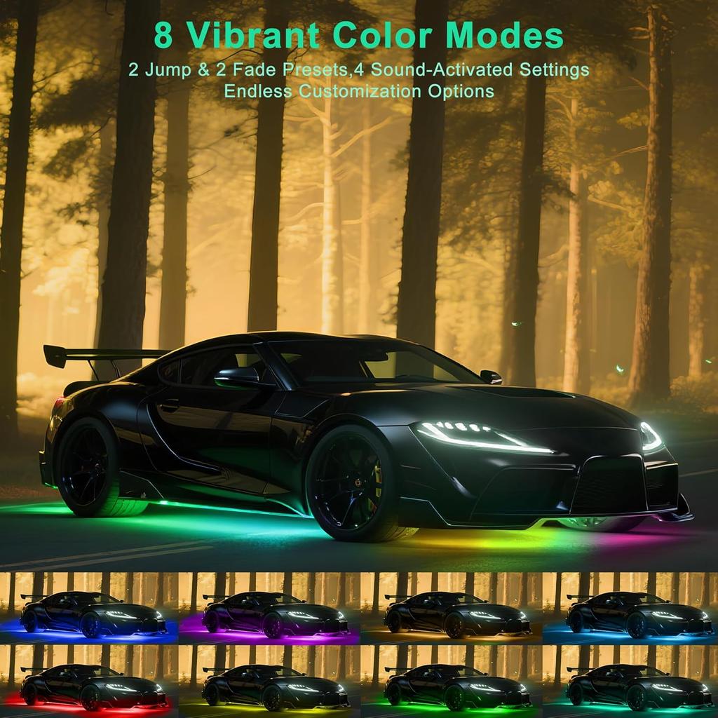 Underglow LED Lights For Cars - 4PCS RGB Neon Light Kit With 252 LEDs, Bluetooth APP Control, 8 Colors/Music Sync, Waterproof PVC Strips For Cars,