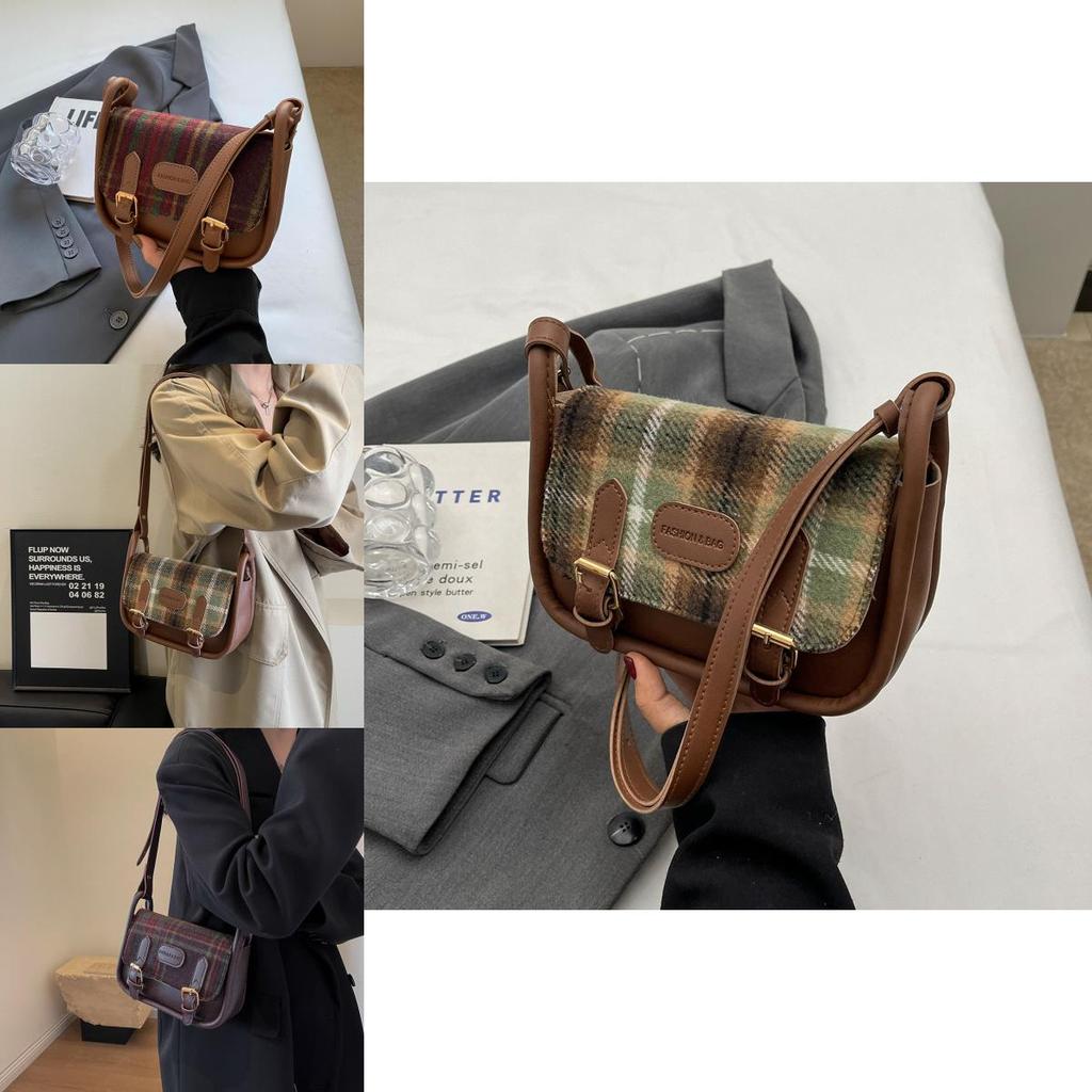 2024 Winter New Plaid Cloth Bag Fashion Casual Shoulder Bag Commuter Simple Crossbody Bag Retro Women's Bag Red Plaid Coffee