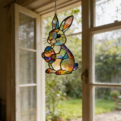 Wielkanocny Króliczek Akrylowy Łapacz Słońca Ornament w Stylu Witrażowym Kolorowa Dekoracja Wisząca na Okno na Wielkanoc Urodziny Wiosenny Ogród Wystrój Domu Prezent dla