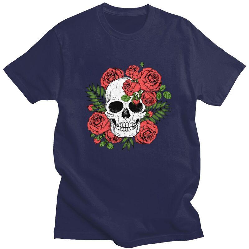 Custom Skull Roses Flowers T Shirts Men Short Sleeve Tshirts Streetwear Tee Tops 100 Cotton Slim Fit Tshirts Merch