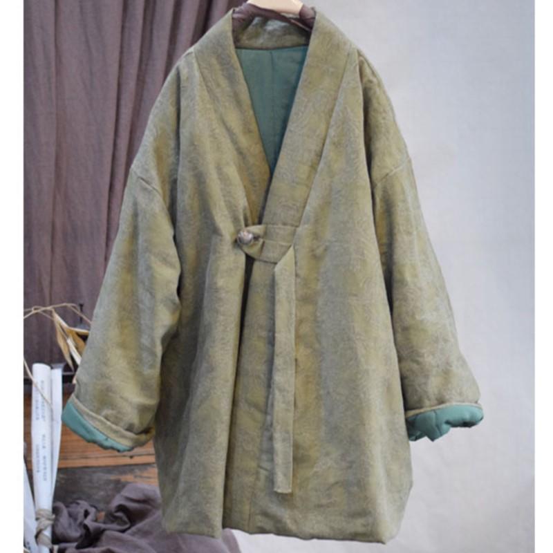 Johnature Damen Vintage V-Ausschnitt Langarm Jacquard Mäntel Winter Chinesischer Stil Warme Mäntel