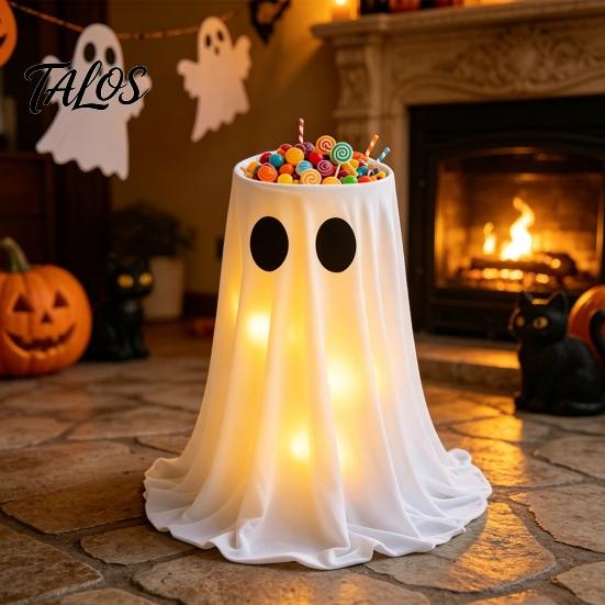 Halloween Ghost Candy Bowl Lighted Stand, Height Adjustable Large Holder with Indoor Tabletop Centerpiece LED Light for Trick or Treat, Porch, Outdoor