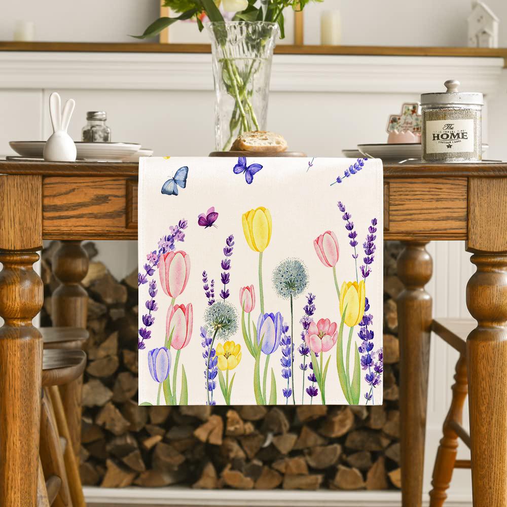 Hydrangea Butterfly Linen Table Runner - Colorful Floral Decor for Kitchen, Dining, or Party