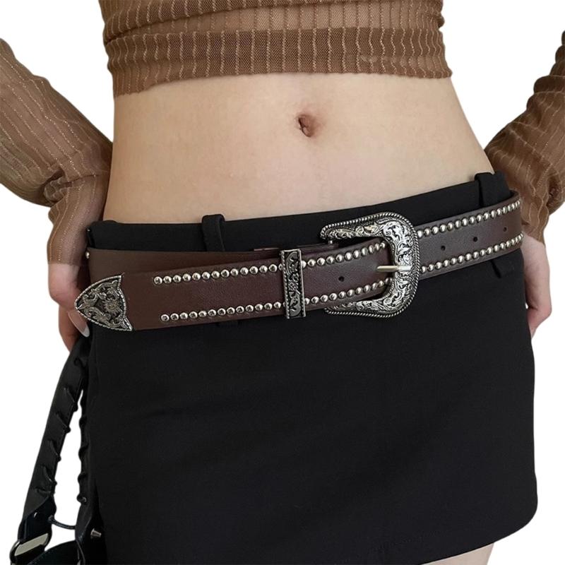 

Adult Ethnic Style Waist Belt with Relief Pin Buckle Waistband PU Waist Belts for Rock Fan Wear Resistant Adjustable 1