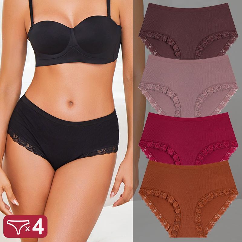 FINETOO 4Pcs/Set Ladies Mid Rise Underwear Cotton Ribbed Panties Floral Lace Edge Underpants Breathable Soft Women Briefs Multi‑color