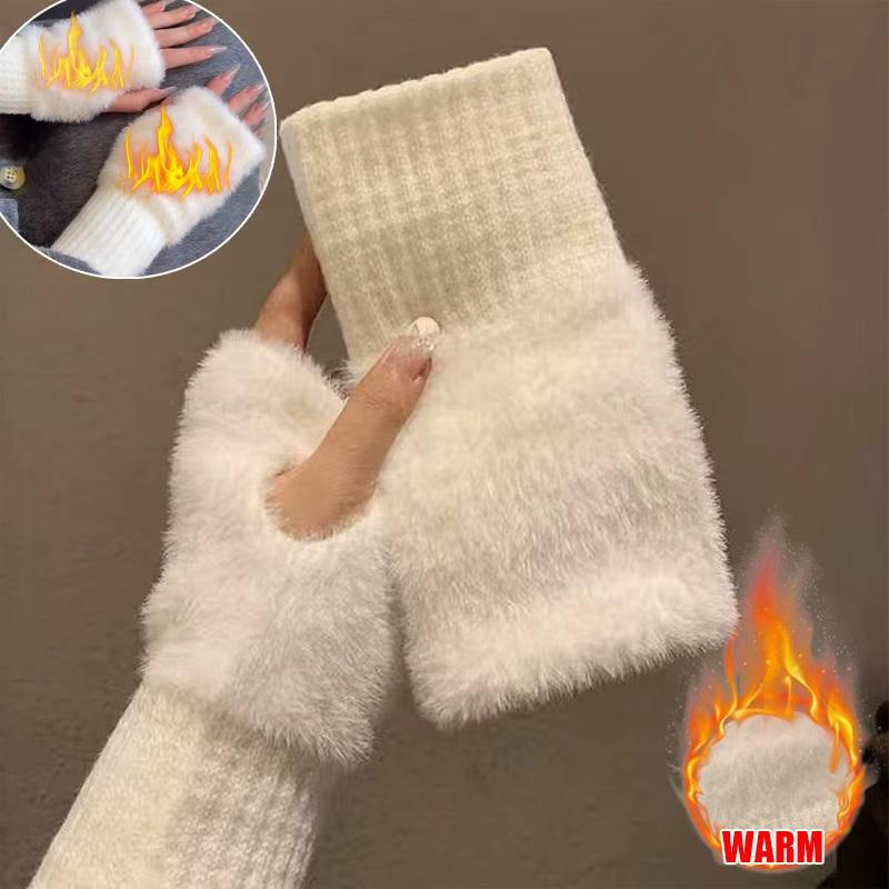 Winter Plush Half Finger Gloves Touch Screen Warm Knitted Fingerless Mittens for Women Students Writing Office Outdoor