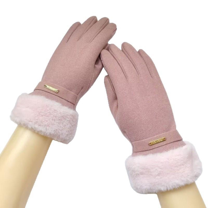 Autumn Winter Warm Suede Gloves Plus Velvet Thickened Plush Decor Cuff Gloves Outdoor Coldproof Touchscreen Riding Ski Gloves