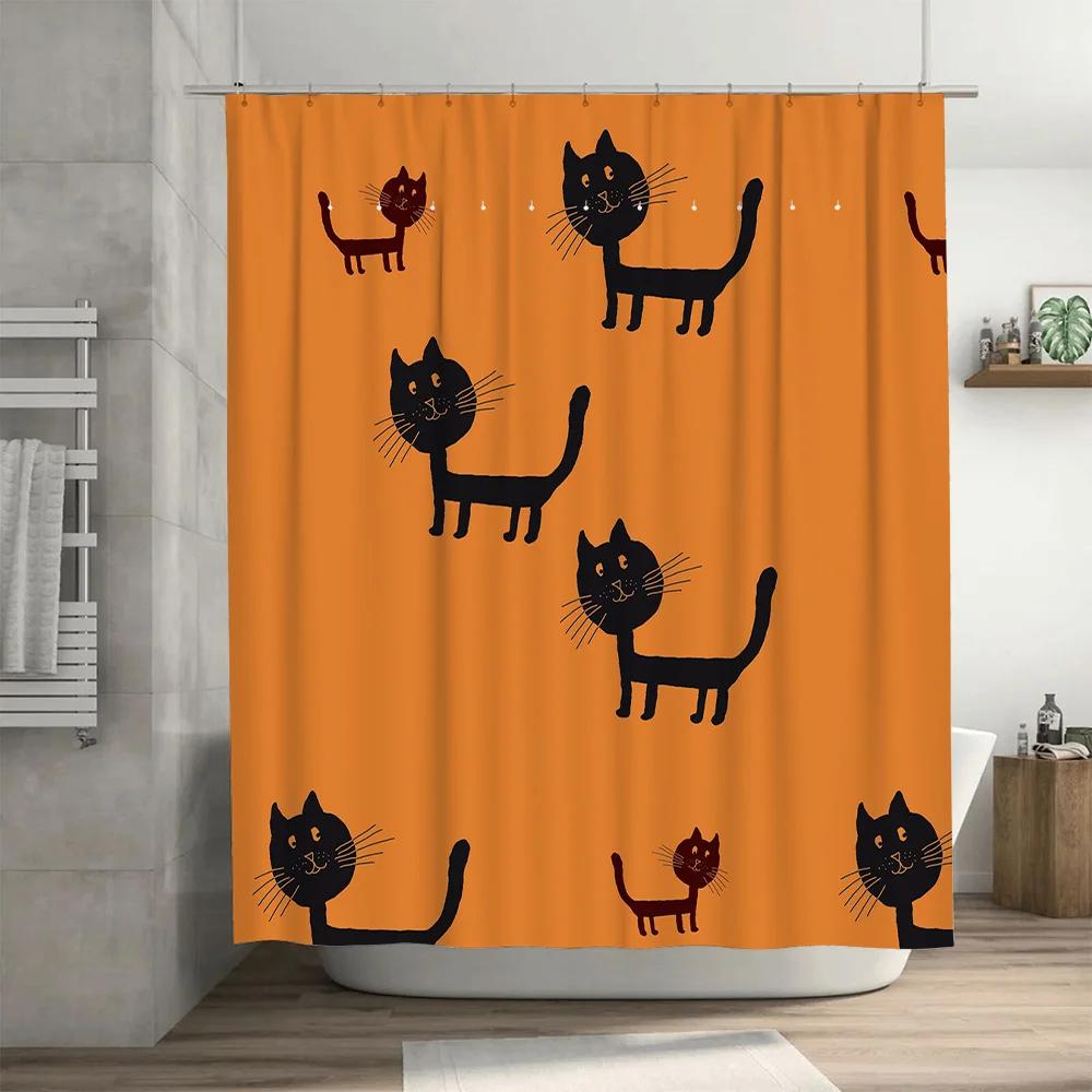 Whimsical Bathroom Shower Curtain Set Decorative with Cats Pattern Orange Fabric Waterproof for Home Decoration