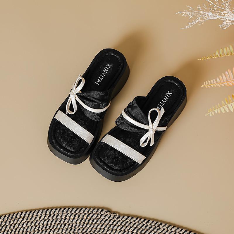 

National style thick-bottomed cool slippers set toe fashion one-word slippers fairy style bow color matching heightening retro sandals 34 чёрный