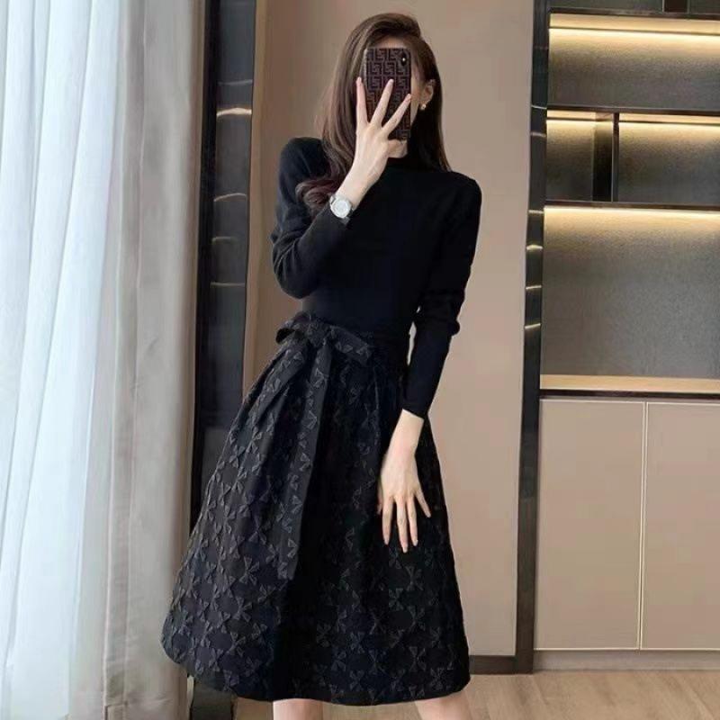 High-end black dress women s spring new fashion jacquard medium and long waist and thin A-shaped dress S