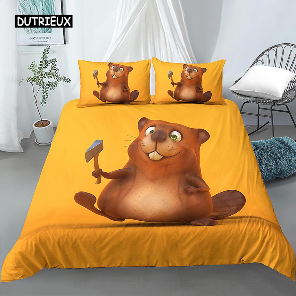 Bettbezug mit Cartoon-Biber, King-Size-Bett, schöne Tier-Bettwäsche-Set, für Kinder, Mädchen, Wildtiere, Polyester, Bettbezug, Kissenbezug