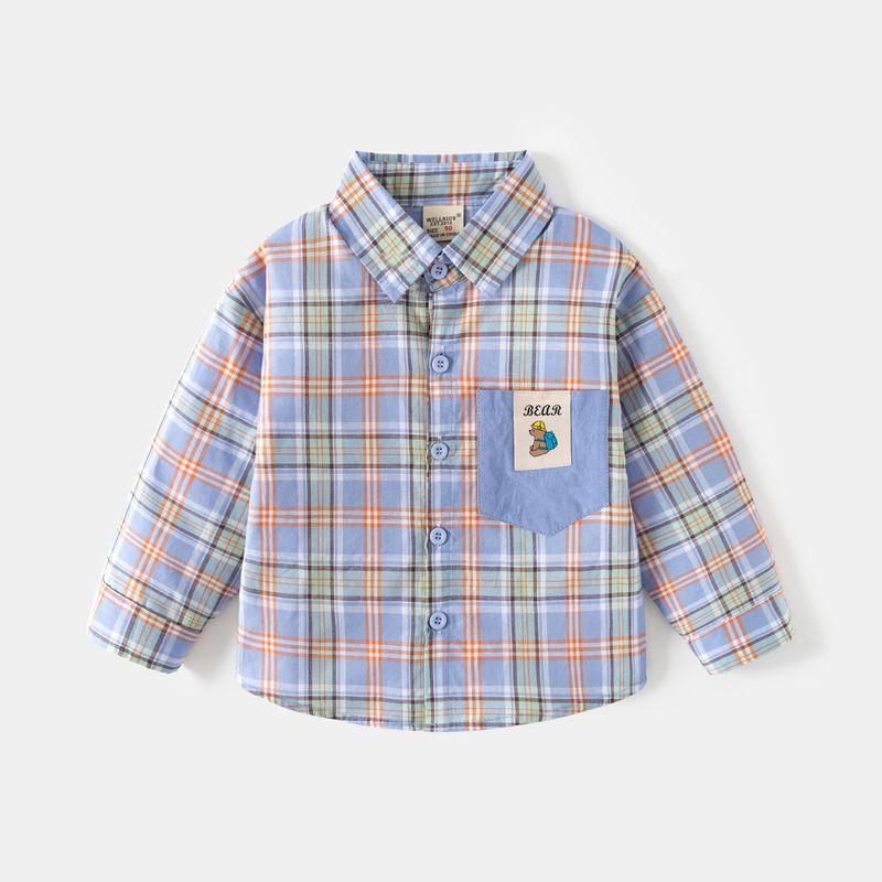 Boy Pure Cotton Gingham Shirt Spring and Autumn Children s Clothing Children s Long Sleeve Shirt Baby Boy Bear Lapel Casual Clothes Blue grid 100