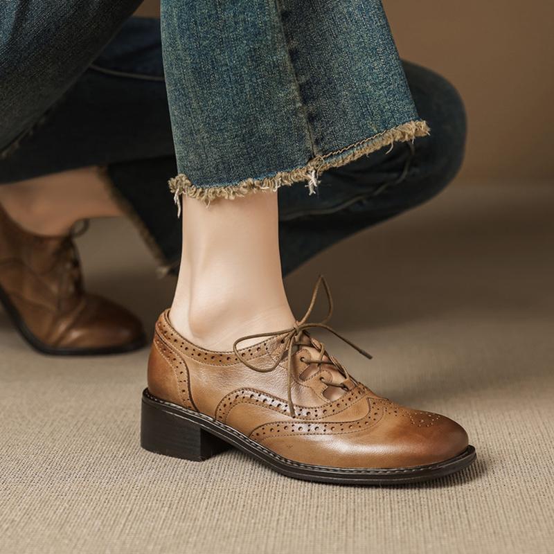 Fashion NEW Autumn/Spring Women Pumps Genuine Leather Shoes for Women Square Toe Chunky Heel Shoes Lace-up Hollow Brogues Daily Shoes