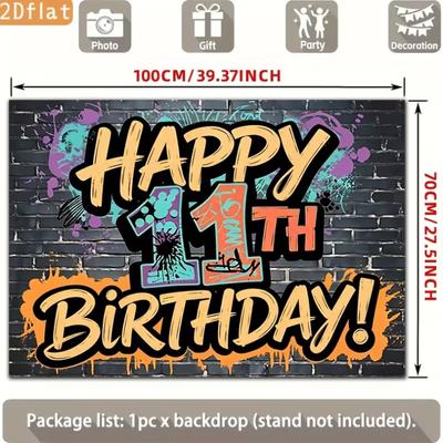 2D Teen 11th Birthday Backdrop, Street Art Graffiti Brick Wall Celebration Banner