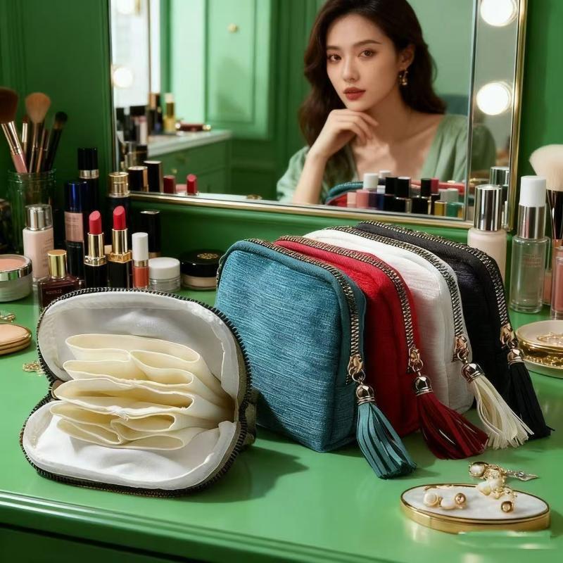 Soft Velvet Jewelry Pouch Multiple Inner Compartments Tassel Zipper For Travel Daily Use Storing Rings Earrings Necklaces