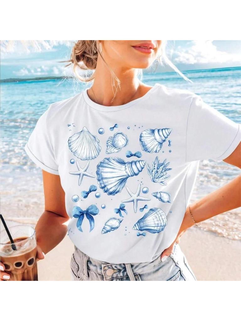 T-Shirt Fashion Short Sleeved Wounisex's Round Neck Top Casual Style Cartoon Shell Bow Print Wounisex's Travel Pattern T-Shirt