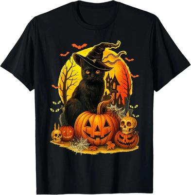 Retro Halloween Black Cat Witch and Pumpkin Unisex T-Shirt S-5XL Unisex T-Shirt