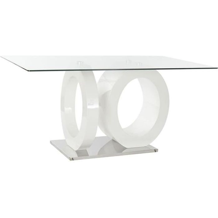 Table de salle à manger - 160x90 cm - Verre transparent - MDF blanc - Rectangulaire