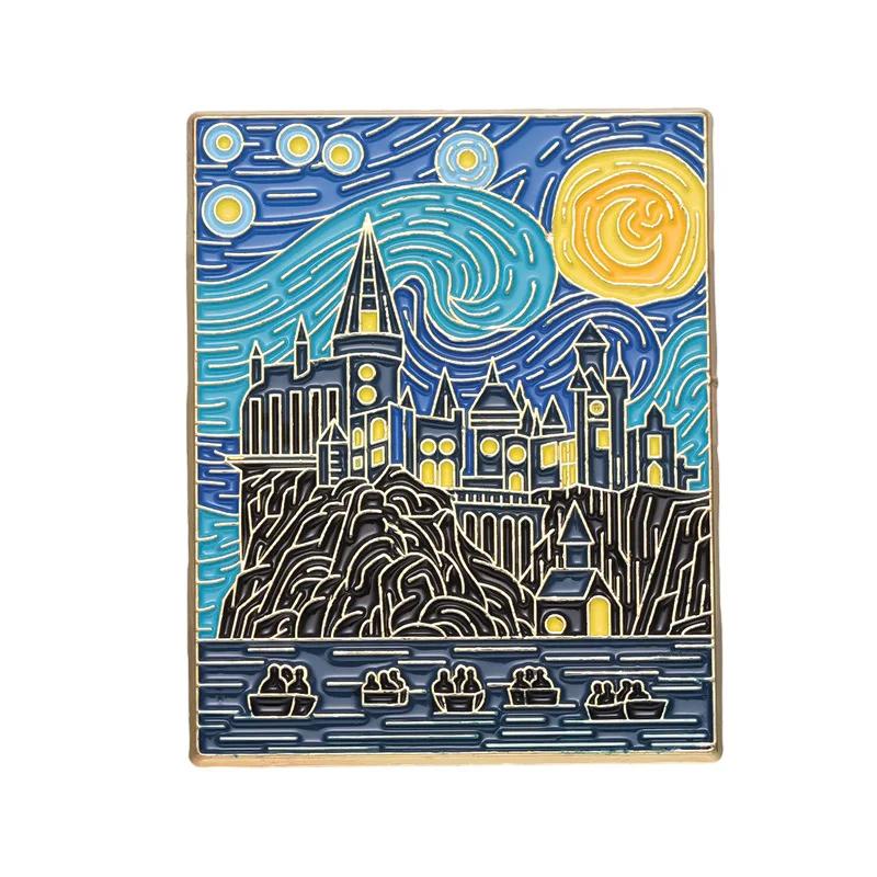 Starry Night Magic School Enamel Pins Custom Witch Wizard Castle Brooches Lapel Badges Punk Jewelry Gift for Fans Friends
