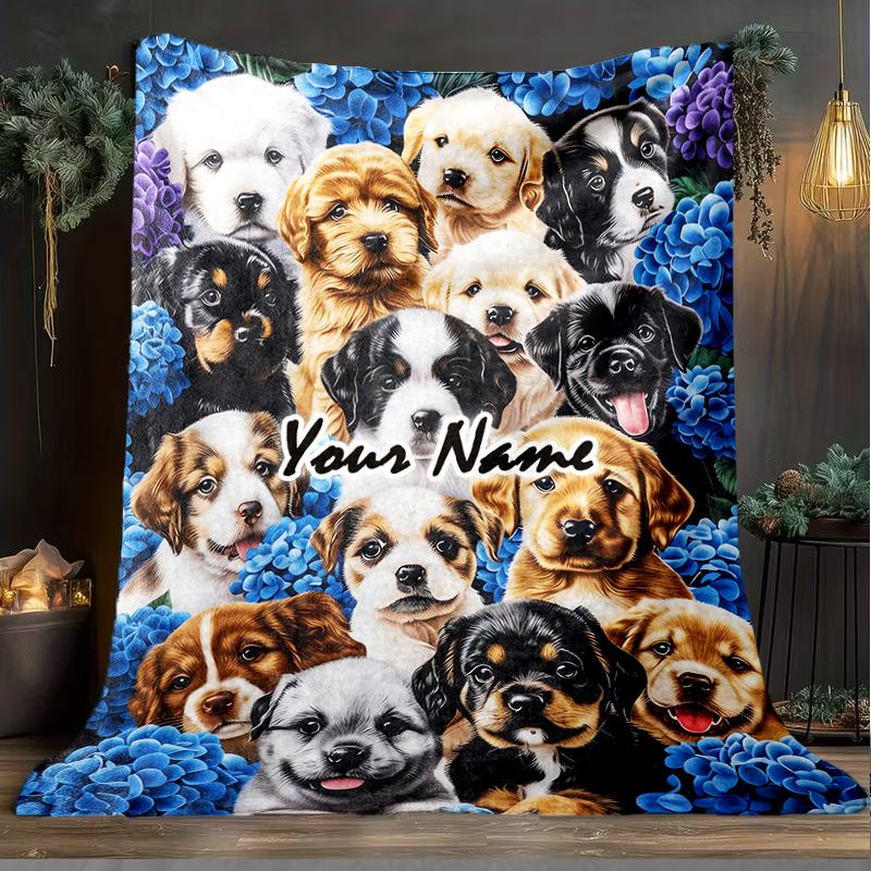 1PC Custom Name Puppies Blue Flowers Outdooor Flannel Blankets Patterns Throw Blanket All-Season Soft Gift for Couch, Bed, Camping Gifts