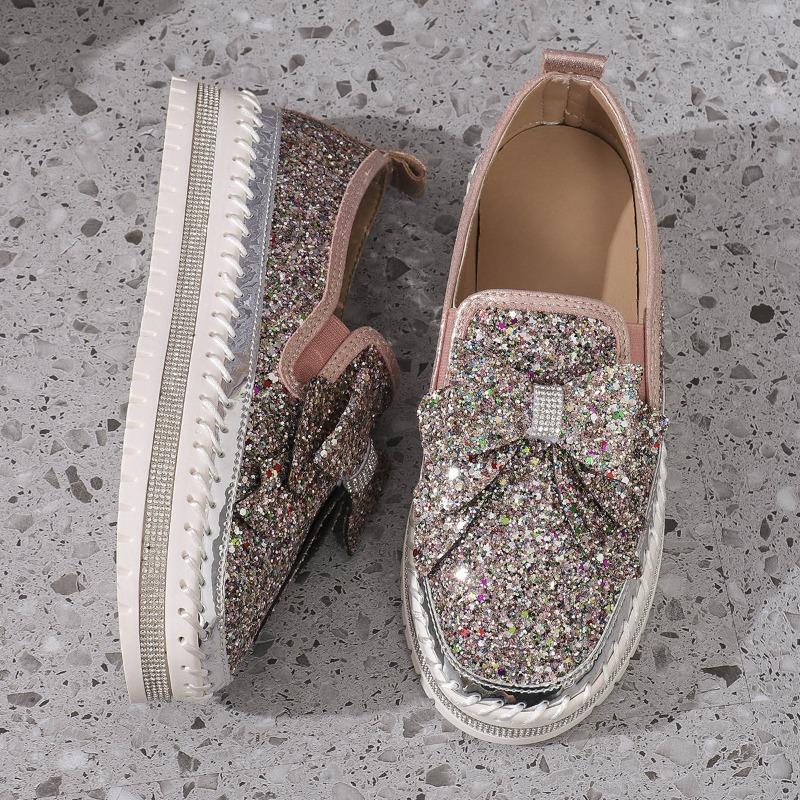Large size muffin platform single shoes women's new flat bottom round head bow sequins one pedal lazy shoes