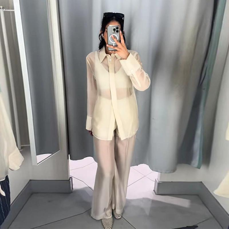 

Elegant See Through Silk Pant Set Women White Loose Shirt Wide Leg Trousers 2 Pieces Suit 2026 Spring Lady High Street Outfits S белый