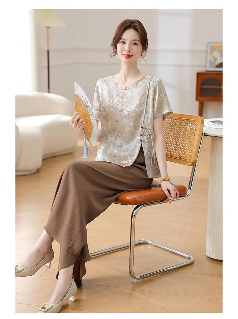 Women's Chinese Style Summer Two-Piece Set: Short Sleeve Top & Wide-Leg Pants