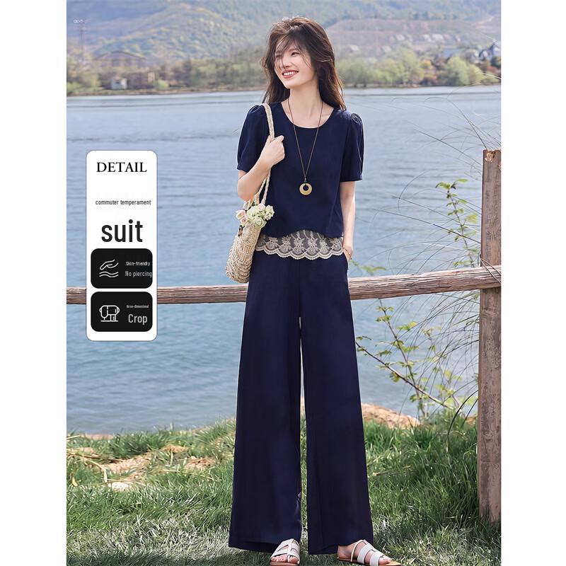 Women's Lace-Spliced Linen Blend Two-Piece Pants Set