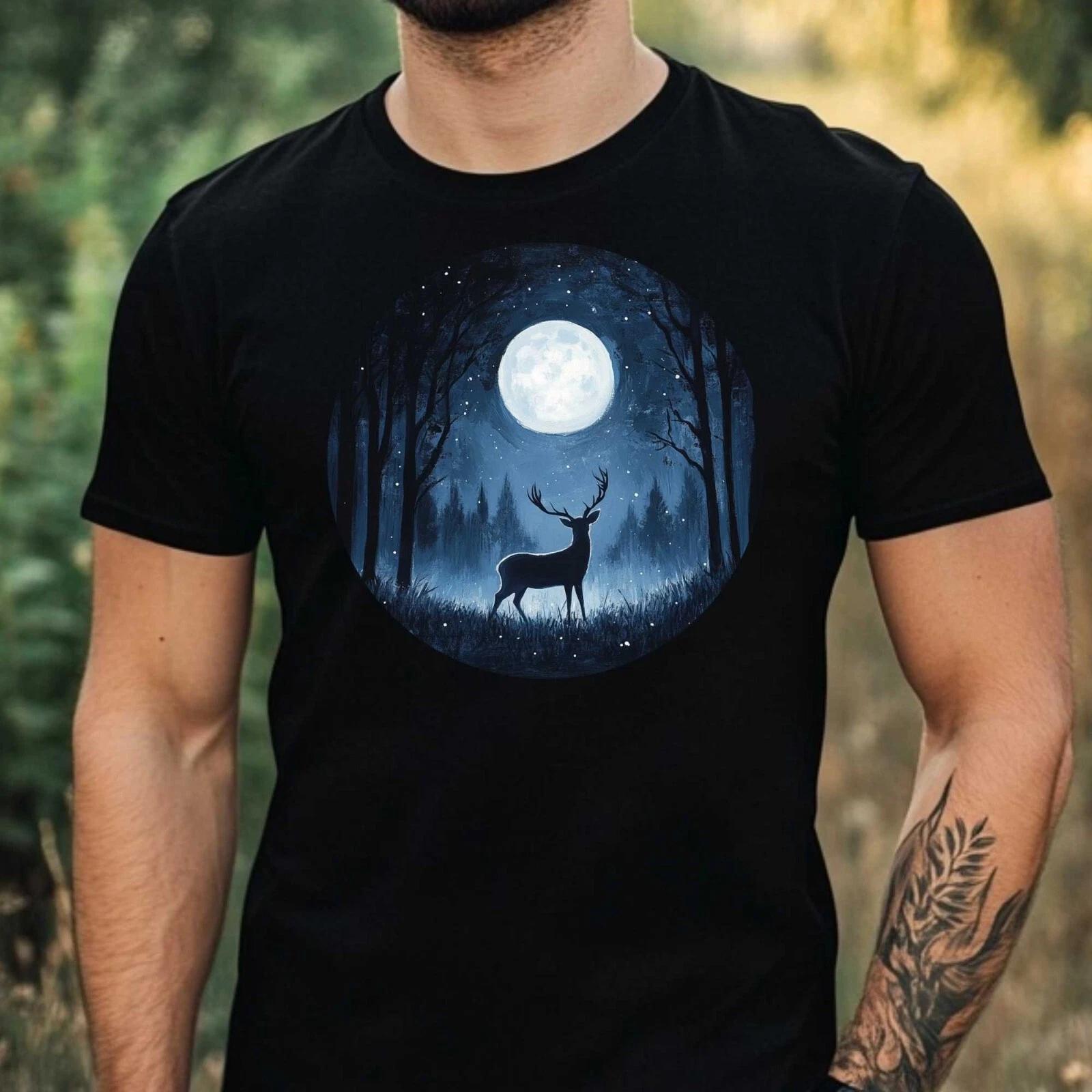 T-Shirt Herren Hirsch im Mondlicht Motiv Baumwolle Größe XS bis 5XL XXXXL