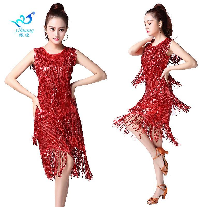 Vestido de Baile con Flecos de Lentejuelas Traje de Actuación en Escenario Latino Eventos de Fiesta