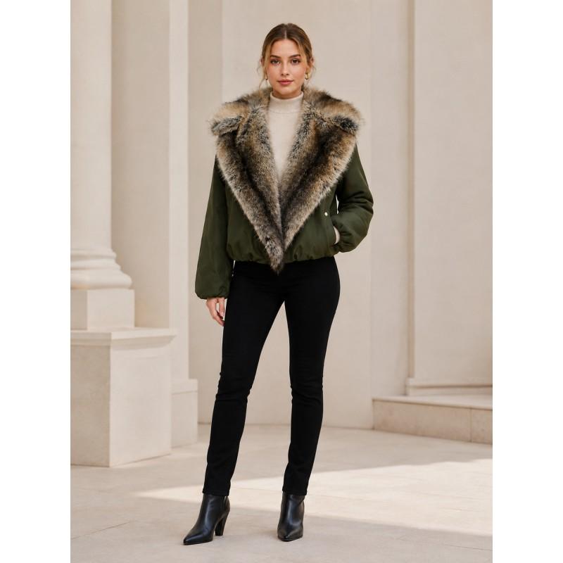 Womens Faux Fur Coat Short Puffer Jacket With Oversized Collar Warm Winter Outerwear Daily Wear