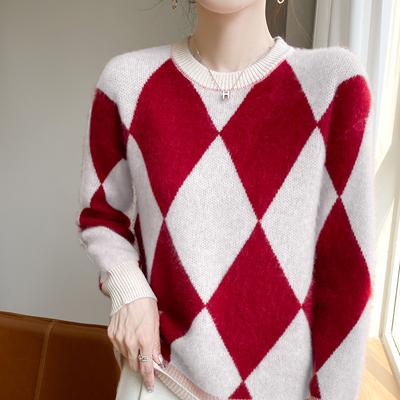 Latest Round Neck Pullover Contrast Pure Wool Sweater for Women Diamond Relaxed Fit Versatile Sweater Base