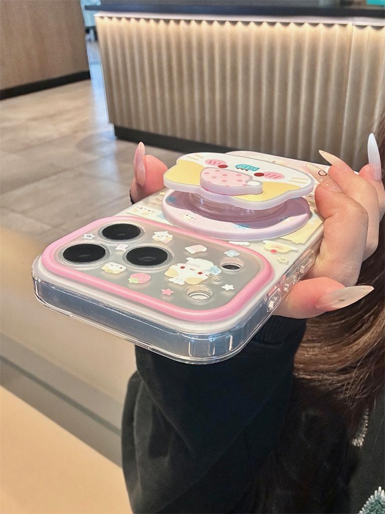 Kawaii Cartoon Cat Magnetic Pop Stand Clear Phone Case For iPhone 15 16 17 Pro Max INS Pink Cute Shockproof Protective Cover