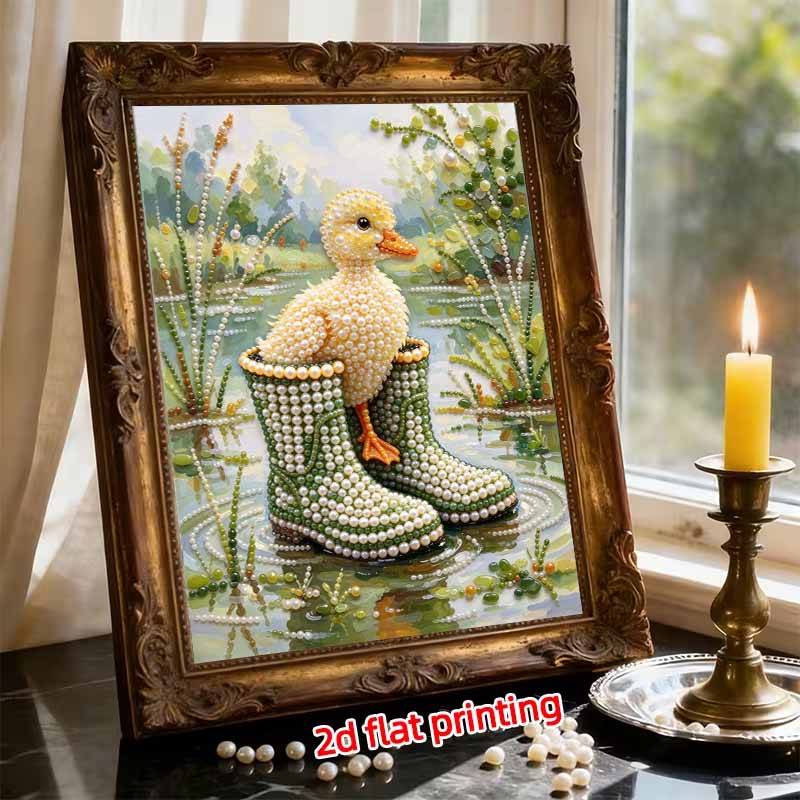 Cute Duck in Rain Boots Pearl Art with Frame 3D Shiny Bead Painting Canvas for Modern Room Decor Relaxing DIY Craft Gift Artistry
