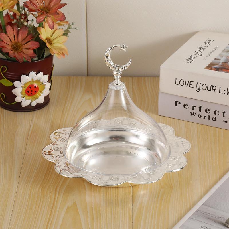 Golden Dessert Plate with Moon-shaped Lid and Wrought Iron Dessert Storage Tray, Transparent Acrylic Fruit Dish