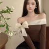 Coquette Off Shoulder Black T-shirts Women Korean Style Chic Bow Brown Long Sleeve Tees Sweet Sexy Patchwork Slim Tops