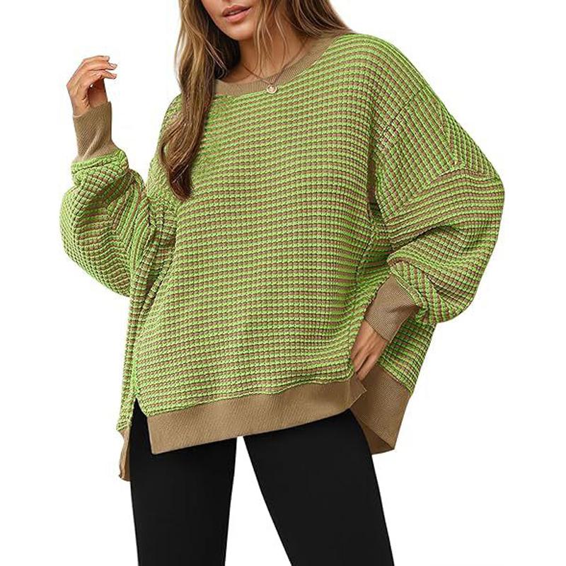 

Пуловер с длинными рукавами и круглым вырезом из вафельного трикотажа, с повседневным дизайном со шлицами и полосатым круглым вырезом, топы для работы M зелёный/жёлтый