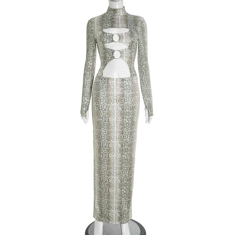 

Snake Print Hollow Out Slim Fit Dress - Autumn/Winter Collection for Women M зелёный