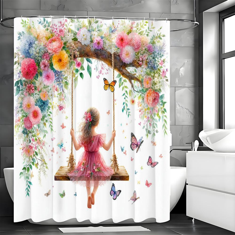 Little Girl Swinging on Trees Floral Butterfly Shower Curtain, Bathroom Decorative Shower Curtain, Waterproof Shower Curtain wit