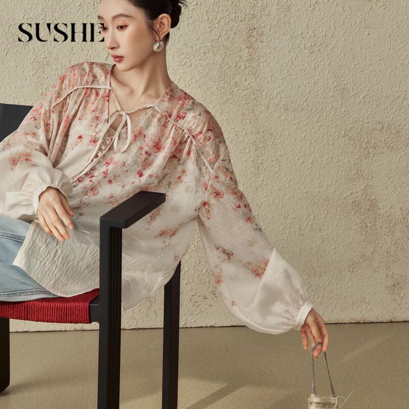 SUSHE French Pastoral Rose Print Chiffon Blouse L