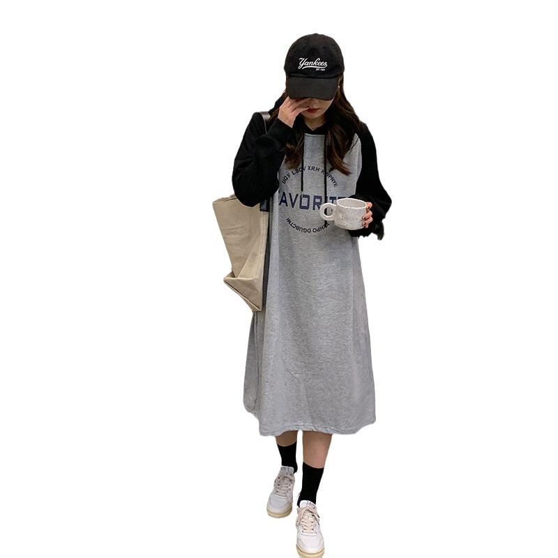 2023 Autumn/Winter Women's Plus Size Velvet Hooded Sweatshirt Dress - Loose, Lazy Style, Over-the-Knee Skirt, Slimming Fit