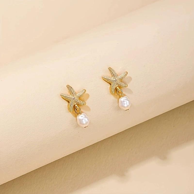 Boho Starfish Pearl Drop Earrings for Women Exquisite Retro Dangle Earrings Summer Seaside Vacation Style Versatile Jewelry Gift