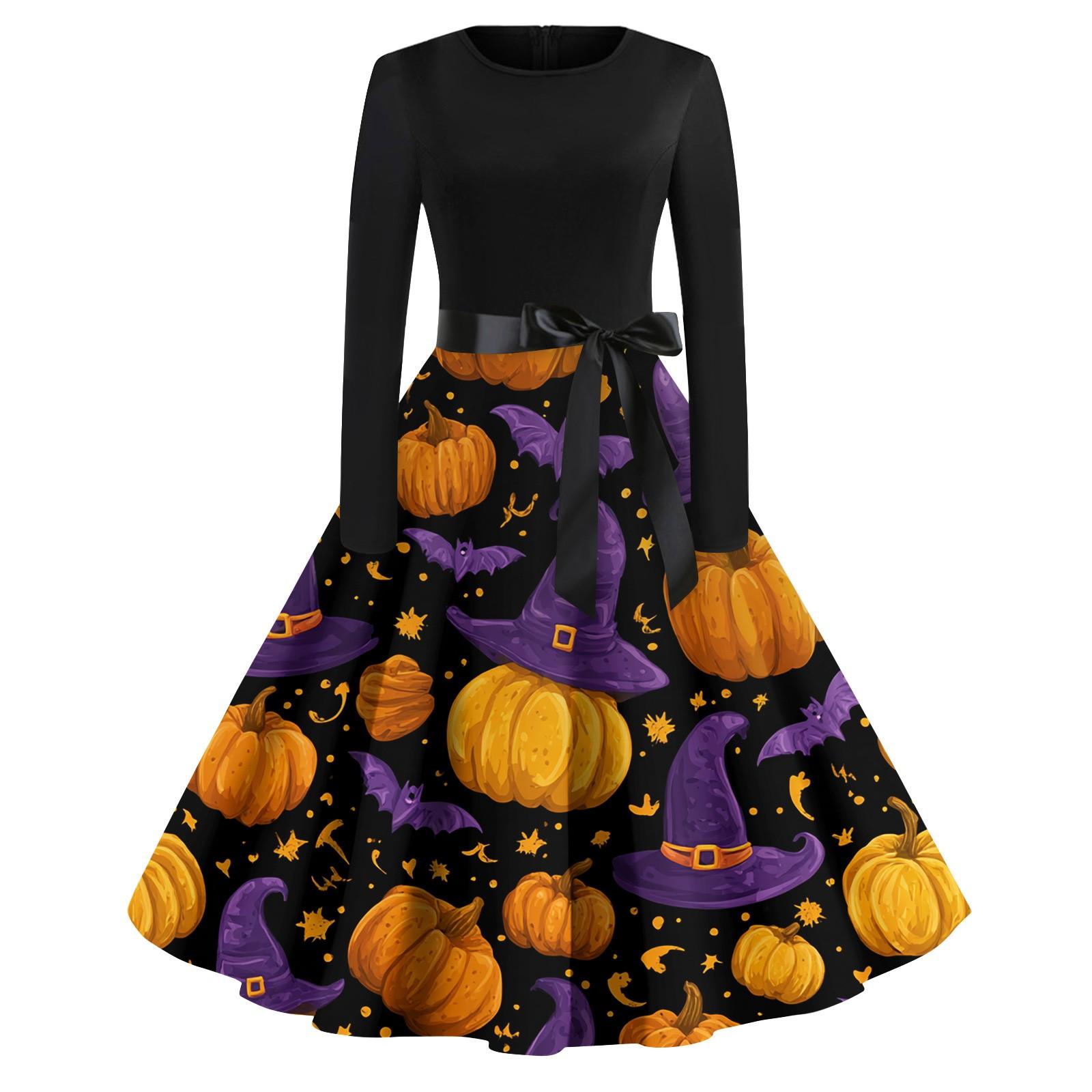 

Женские модные платья с круглым вырезом, повседневные, приталенные, с принтом на Хэллоуин, с длинным рукавом S