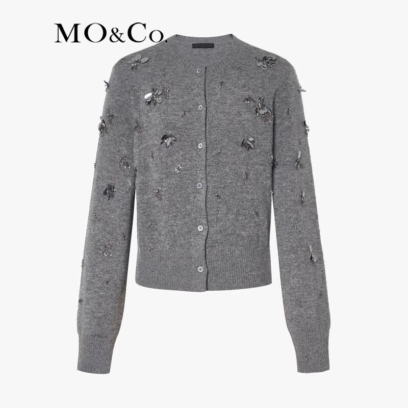 MO&Co. 100% Merino Wool Hand-Beaded Short Knitted Cardigan