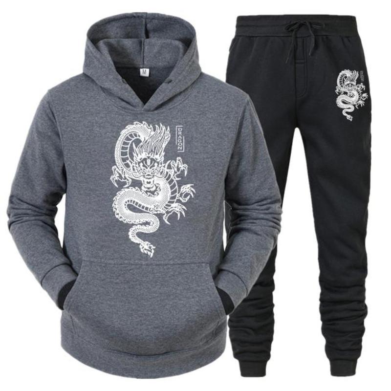 Men's And Women's Long Sleeves Set Hoodie+Pant Spring Winter Dragon Print Casual Sweatshirt Sportwear Men Clothing
