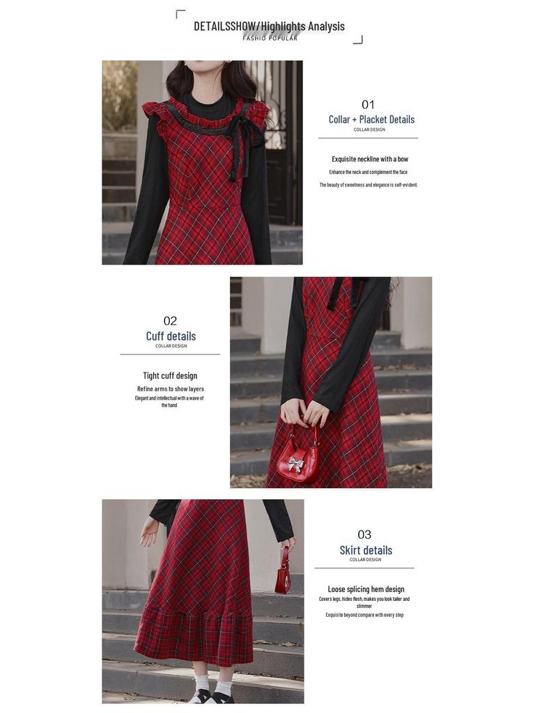 Women's 2026 Spring/Autumn Red Plaid Sweet Age-Reducing Long Dress - Two-Piece Effect