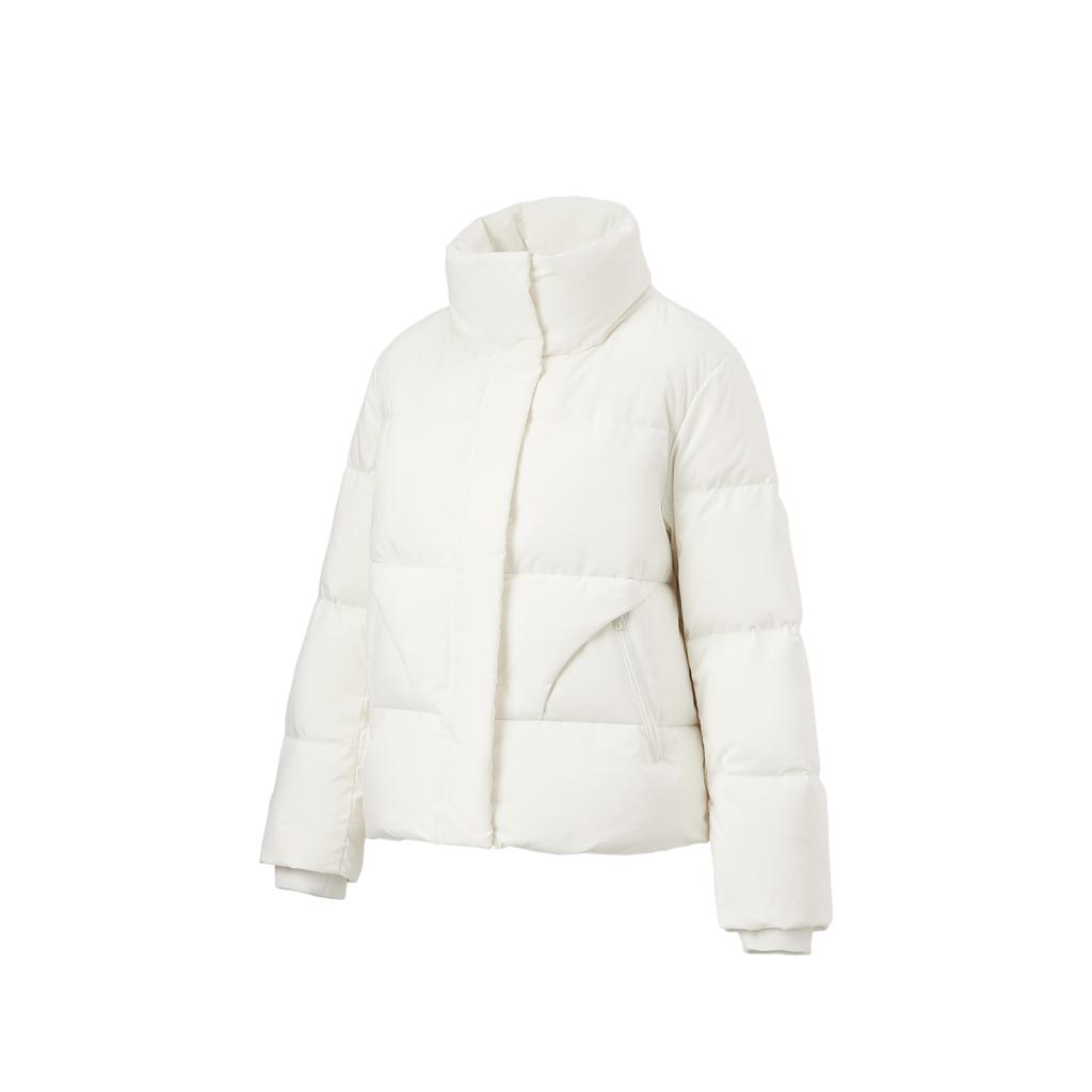 Li-Ning Fitness Series Solid Color Water-Resistant Stand Collar Short Down Jacket Women Jacket Champagne-White AYMT096-2