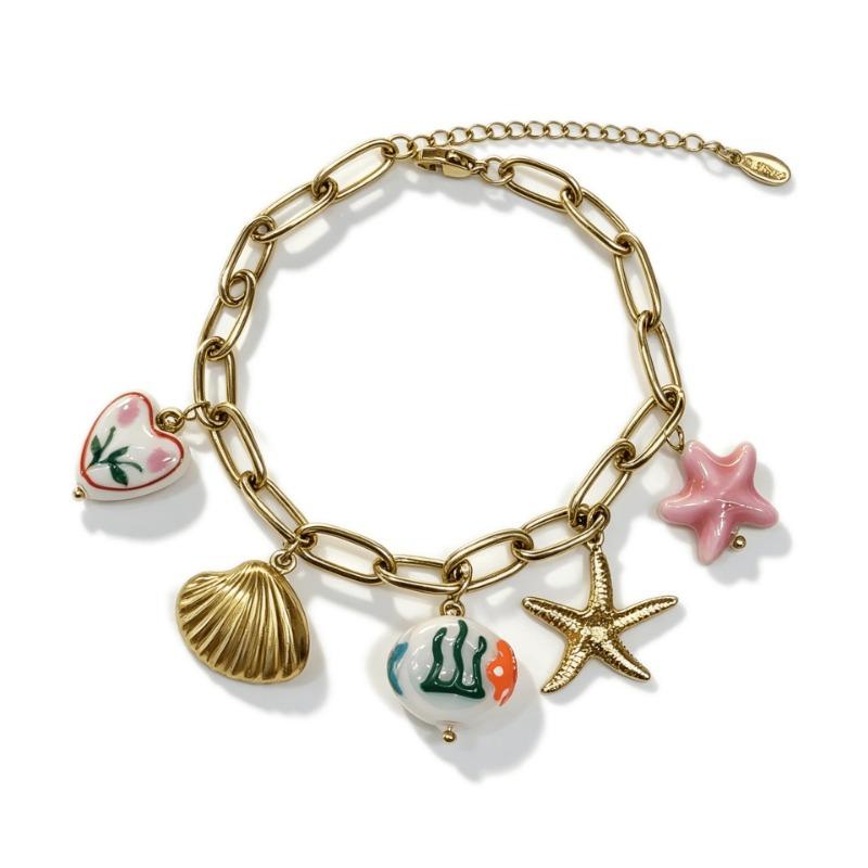 Women S Stainless Steel Gold Plated Boho Bracelet With Fish Starfish Shell Charms