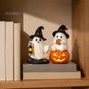 Resin Lighted Ghost Statue Halloween Figurine, Spooky Witch on Pumpkin/Holding Lantern Home Office Table Ornament with LED Light for Desktop Bookshelf