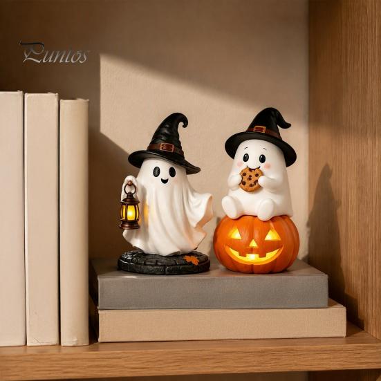 Resin Lighted Ghost Statue Halloween Figurine, Spooky Witch on Pumpkin/Holding Lantern Home Office Table Ornament with LED Light for Desktop Bookshelf